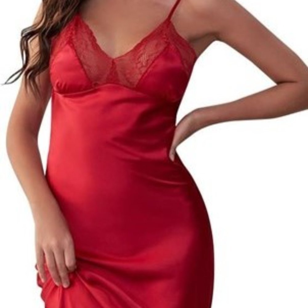 Inner Most Red Satin Night Gown Size M Long with Front & Back V Neck